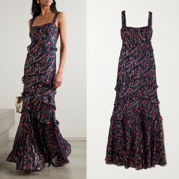 Saloni Chandra Ruffled Ruched Metallic Maxi Dress in Midnight Blue 12 - Picture 1 of 8